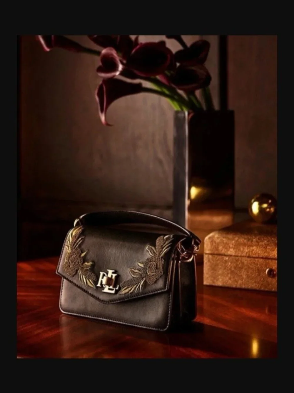 Lauren Ralph Lauren Bullion Leather Tayler Floral Crossbody Bag Black Gold